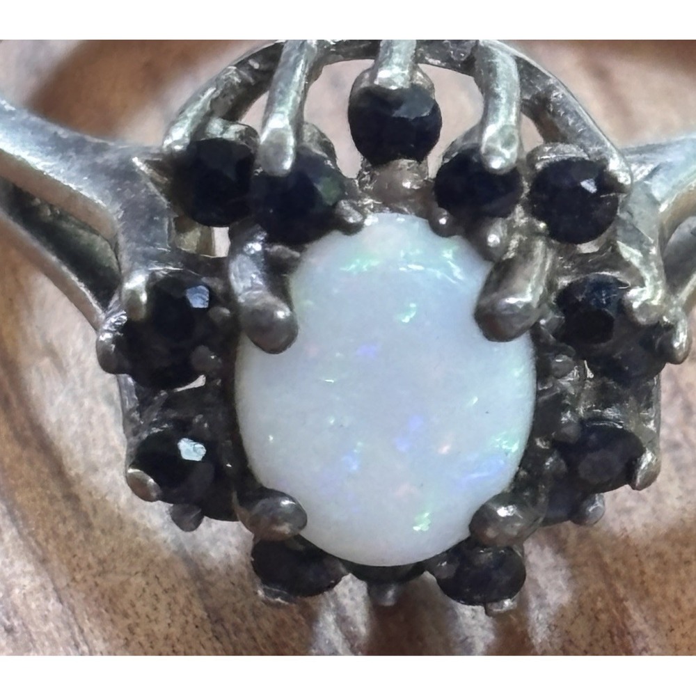 Vintage Sterling Silver 925 Sapphire And Opal Ring Size 8.75
